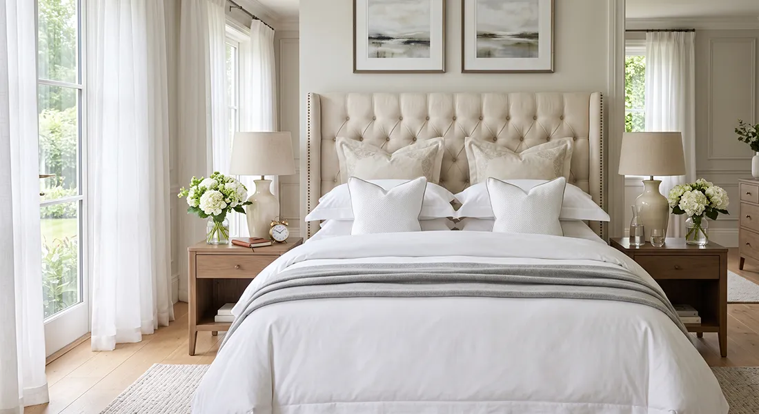 Davey Down luxury Hungarian goose down duvet, mattress topper and pillows dressed on a king size bed
